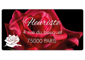 Étiquette fleuriste avec rose et adresse