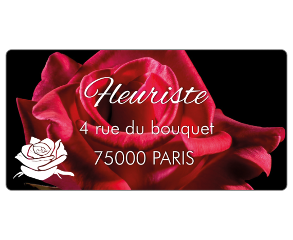 Étiquette fleuriste avec rose et adresse