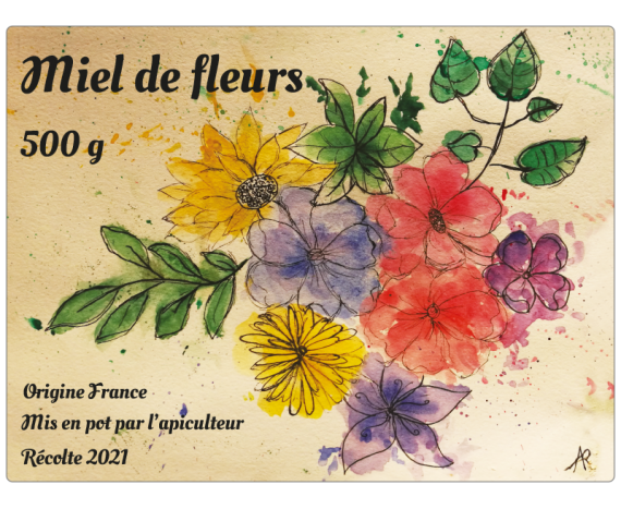 Miel de fleurs 500 g effet aquarelle à personnaliser 