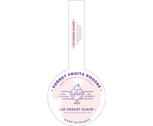 Étiquette ronde rose et violette pour sorbet aux fruits rouges avec illustration centrale et longue bande scellée