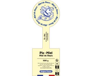 Étiquette pour pot de miel jaune crème avec abeille bleue, rond supérieur, bande scellée et partie carrée