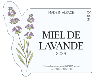 Étiquette blanche pour miel de lavande 500 g avec fleurs violettes et découpe suivant l’illustration florale