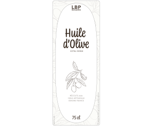 Étiquette 60 × 160 mm pour bouteille d’huile d’olive, fond crème et motif végétal sobre
