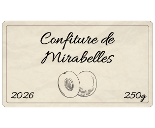 Étiquette de confiture de mirabelles personnalisée au format 70 × 40 mm avec illustration de mirabelles