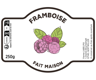 Étiquette 75 × 52 mm pour confiture de framboise avec illustration, mention fait maison et forme de découpe