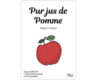 Étiquette illustrée d'une pomme rouge pour jus de pomme, au design sobre et épuré