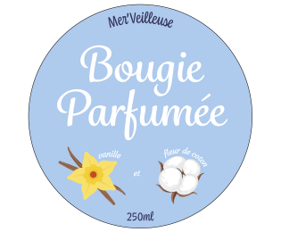 Étiquette ronde pour bougie parfumée 250 ml, illustrée de vanille et de fleurs de coton