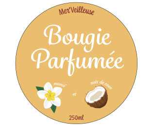 Étiquette ronde pour bougie parfumée 250 ml, illustrée de fleurs de monoï et d'une noix de coco