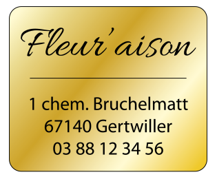 Étiquette adhésive dorée métallisée 30 × 25 mm pour fleuriste, avec nom, adresse et numéro de téléphone imprimés en noir.