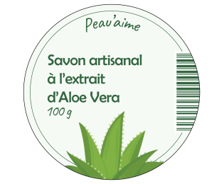 Étiquette ronde 40 × 40 mm pour savon artisanal à l’extrait d’Aloe Vera, avec illustration d’Aloe Vera et mention 100 g.