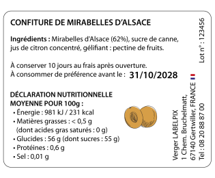Contre-étiquette 60 × 45 mm pour pot de confiture de mirabelles d’Alsace avec illustration