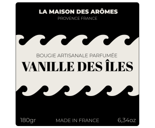 Étiquette carrée 50 × 50 mm pour bougie artisanale parfumée Vanille des îles, avec design noir et beige