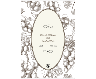 Étiquette 70 × 100 mm pour bouteille de vin alsacien, avec cartouche ovale fond crème et décor végétal brun