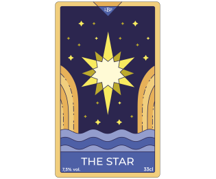 Étiquette 60 × 100 mm pour bière, au design moderne inspiré d’une carte de tarot, avec étoile centrale et fond bleu nuit