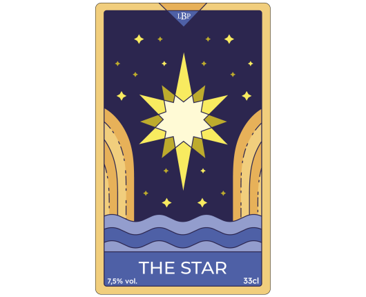 Étiquette 60 × 100 mm pour bière, au design moderne inspiré d’une carte de tarot, avec étoile centrale et fond bleu nuit