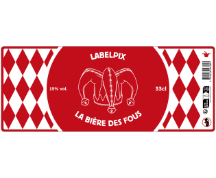 Étiquette 180 × 72 mm pour bière, avec fond rouge, motif de losanges blancs et illustration centrale d'un bonnet de bouffon
