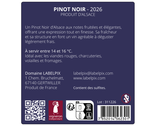 Étiquette vin alsacien avec dorure –  Pinot Noir