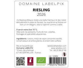 Contre-étiquette 60 × 75 mm pour bouteille de Riesling, avec fond clair, QR code, pictogrammes et logos d’identification