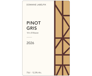 Étiquette 70 × 110 mm pour Pinot Gris d’Alsace, fond crème et motif géométrique brun inspiré des colombages alsaciens