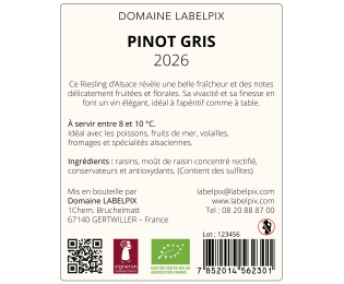 Contre-étiquette 60 × 75 mm pour bouteille de Pinot Gris, avec fond beige clair, QR code, pictogrammes et logos d’identification