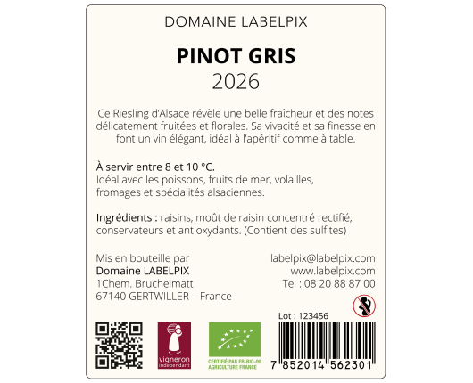 Contre-étiquette 60 × 75 mm pour bouteille de Pinot Gris, avec fond beige clair, QR code, pictogrammes et logos d’identification