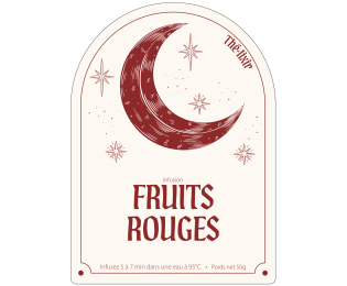 Étiquette 80 × 110 mm pour infusion Fruits Rouges, avec croissant de lune rouge bordeaux, étoiles et forme de découpe en arche.