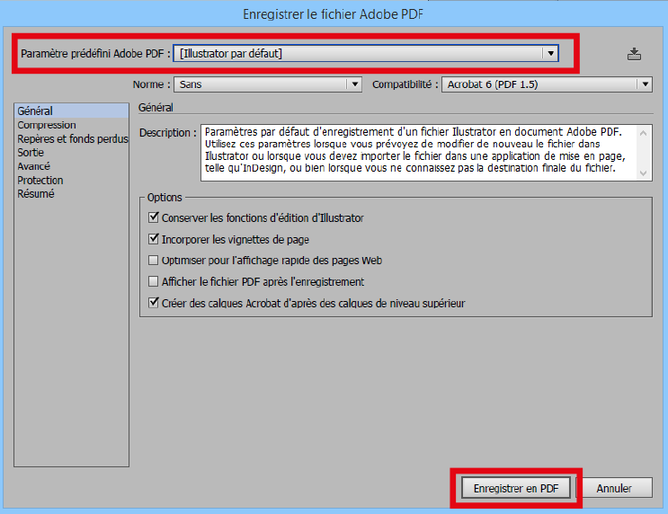 enregistrement pdf illustrator par défaut